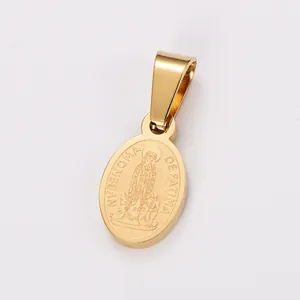 Detail of 18k gold plated stainless steel oval pendant with Our Lady of Fatima engraving.