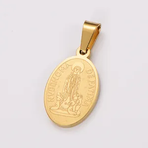 Detailed close-up of 18k gold plated stainless steel oval Fatima portrait pendant