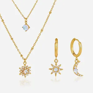 316L Stainless Steel Sun Moon Star Moonstone Pendant Necklace And Asymmetrical Hoop Earrings For Women Gold Rhinestone Jewelry