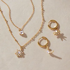 Detailansicht des goldenen Sonne-Mond-Schmucksets mit leuchtenden Mondstein-Inlays.