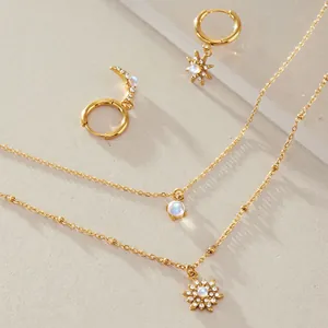 Detail des vergoldeten Edelstahlschmuck-Sets mit Mondstein-, Stern- und Mondanhängern.