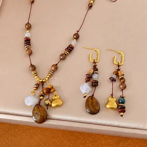 Ethnic Style Vintage Jewelry Set For Women Resin Water Drop Pendant Necklace Wood Beaded Long Sweater Chain Lucky Bag Earrings