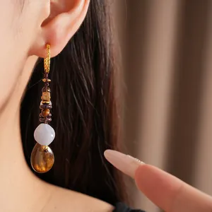 Handmade vintage ethnic style beaded earrings with resin water drop pendant for women