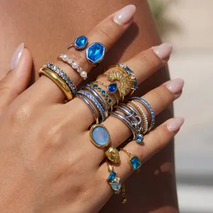 Women Blue Zirconia Ring Minimalist Stainless Steel PVD Gold Plated Fashion Stackable Finger Ring Elegant Hand Jewelry Accessory
