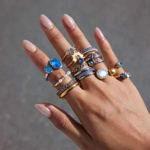 Detailed close-up of a hand wearing multiple blue zircon and pearl stainless steel rings