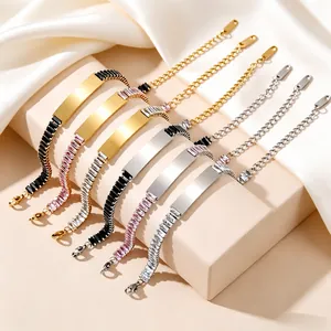 Close-up of customizable stainless steel ID bracelets with sparkling zirconia accents