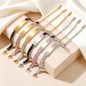 Variety of stainless steel zircon bracelets with engravable bars in gold and silver