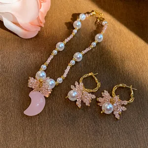 Elegant pink moon pendant pearl necklace with matching floral hoop earrings set for women