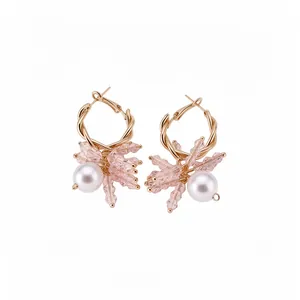 Elegant Korean style gold twisted hoop earrings with delicate pink beads and white pearls