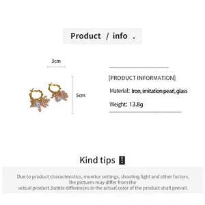 Detailed specifications and measurements for pink glass and pearl gold hoop earrings
