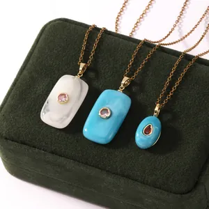 Vintage Resin Geometric Pendant Necklace Stainless Steel Gold Plated Zirconia Link Chain For Women Retro Jewelry Gift