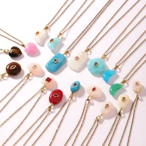 Retro colorful resin geometric pendant necklace set with gold-plated stainless steel chains