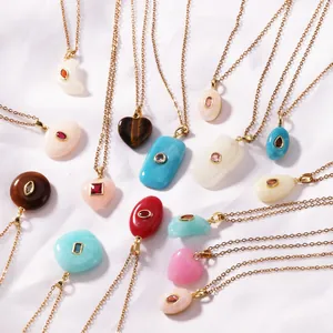Retro colorful resin geometric pendant necklaces with gold plated stainless steel chains