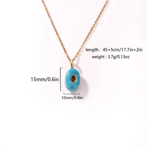 Detail view of blue resin oval pendant necklace with dimensions and weight info