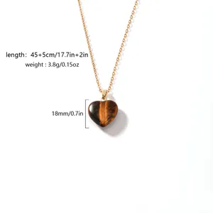 Close-up detail of tiger eye heart pendant necklace with length and weight specifications