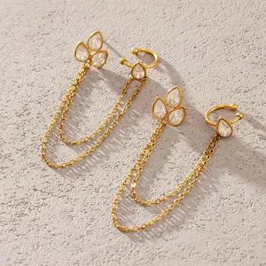 Elegant stainless steel ear cuff and earring set with teardrop stones and long tassels.