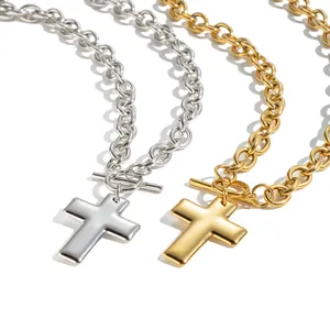 Pair of stainless steel 18K gold and silver plated cross necklaces with toggle clasp