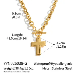 Detailed measurements of the golden stainless steel cross pendant necklace with OT clasp