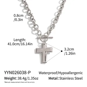Detailed view of stainless steel cross necklace with dimensions and material specs