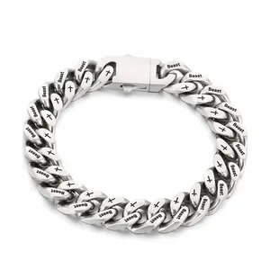 Vintage roestvrijstalen Cubaanse schakelarmband met gegraveerde Beast en kruis