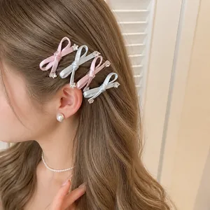 Zoete Japanse Koreaanse Stijl Strik Haarclip Roze Blauw Satijnen Lint Strass Ster Zijclip Elegante Haaraccessoires