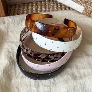 Elegant Korean wide headbands with colorful rhinestones in five assorted retro colors