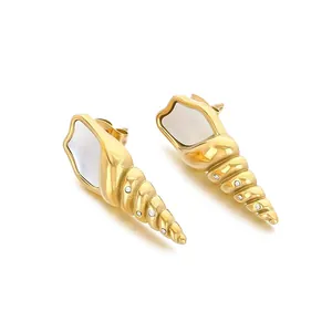 Elegant gold stainless steel conch shell earrings with mother of pearl and crystals