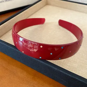 Vintage French style red wide headband decorated with colorful sparkling rhinestones