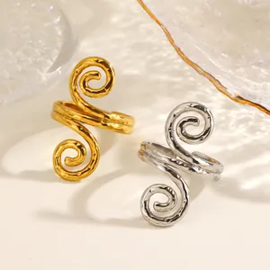 Vintage Roestvrijstalen Dubbele Spiraal Gehamerde Open Ring voor Dames Artistieke Textuur Geometrische Verstelbare Ring