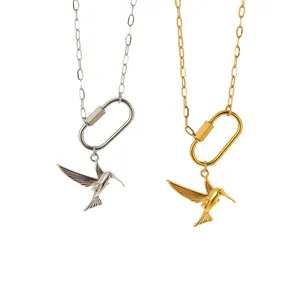Collier avec pendentif colibri en acier inoxydable plaqué or 18 carats et mousqueton