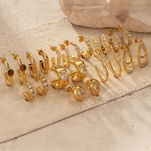 Boucles d'Oreilles Créoles en Acier Inoxydable Plqué Or 18K pour Femmes Forme de C Forme de U Géométriques avec Strass Incrustés Bijoux Personnalisés