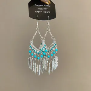 Gedetailleerd overzicht van zilveren veerfranje oorbellen met turquoise kralen op kaart