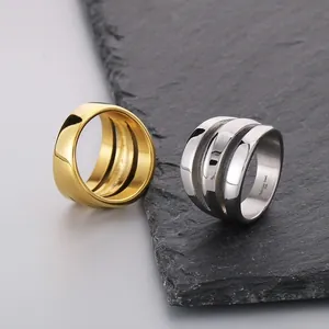Minimalist stainless steel triple-layer irregular wide band ring for men and women