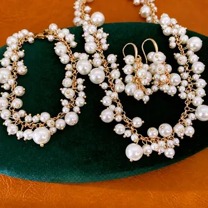 Vintage Paleisstijl Kunstparel Sieradenset Vergulde Kwastje Ketting Armband Oorbellen Voor Vrouwen Luxe Elegante Sieraden
