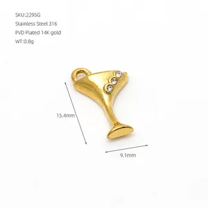 Detailed view of 14K gold plated 316 stainless steel cocktail glass pendant with rhinestones