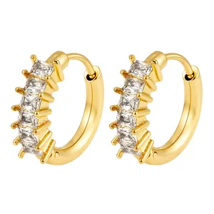 Elegant 18K gold plated stainless steel hoop earrings with square cubic zirconia stones.