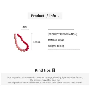 Detailed macro view of pink and red acrylic beaded necklace showing dimensions and weight