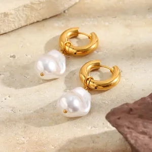 Elegant French style 18K gold plated stainless steel hoop earrings with baroque faux pearls