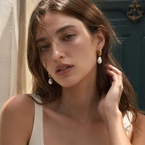 Elegant French 18K gold plated stainless steel hoop earrings with baroque pearls