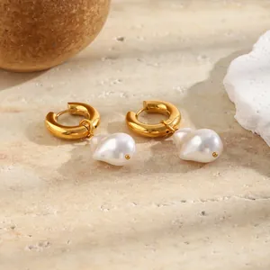 Elegant gold plated hoop earrings with baroque faux pearl drops for women