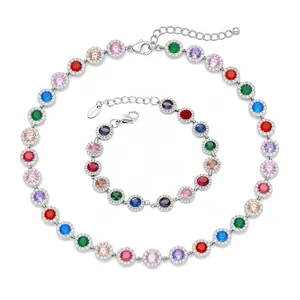 Elegant multicolor round cubic zirconia halo necklace and bracelet jewelry set for women