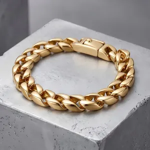 Pulsera de Eslabones Cubanos de Acero de Titanio para Hombre Hip Hop Cadena de Acero Inoxidable Con Cierre de Caja Joyería