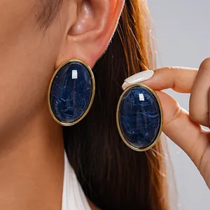 Vintage Geometric Oval Acrylic Marbled Stud Earrings Gold Plated Edge Fashion Jewelry With Silver Earring Post For Women