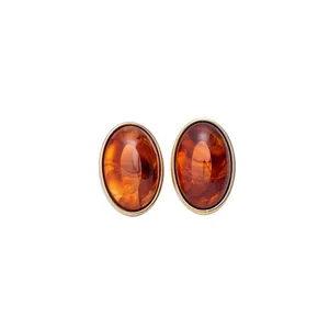 Vintage retro oval earrings with amber acrylic marbling and silver needle posts