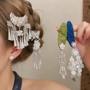 Vintage Chinese Style Fabric Iron Tassel Hair Clip Blue Flower Butterfly Hollow Out Hairpin Hanfu Hair Accessories For Women