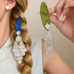 Elegant vintage floral tassel hair clips for Hanfu, blue and green styles for women