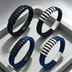 Bracelet en Acier Titane Tressé en Cuir Microfibre pour Hommes Techwear Style Industriel Superposé Double Rangée Bijoux Biker