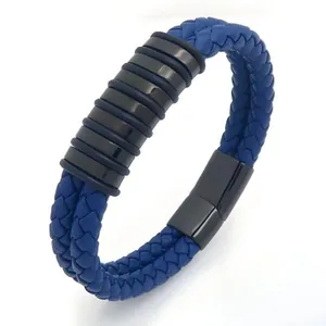 Bracelet pour homme en cuir tressé bleu double couche avec entretoises et fermoir magnétique