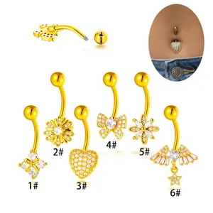 Set de piercings para el ombligo de acero inoxidable dorado con diseños de corazón y alas