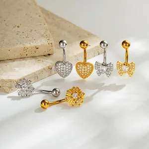 Conjunto de piercings para ombligo de acero inoxidable con diseños de corazón y lazo